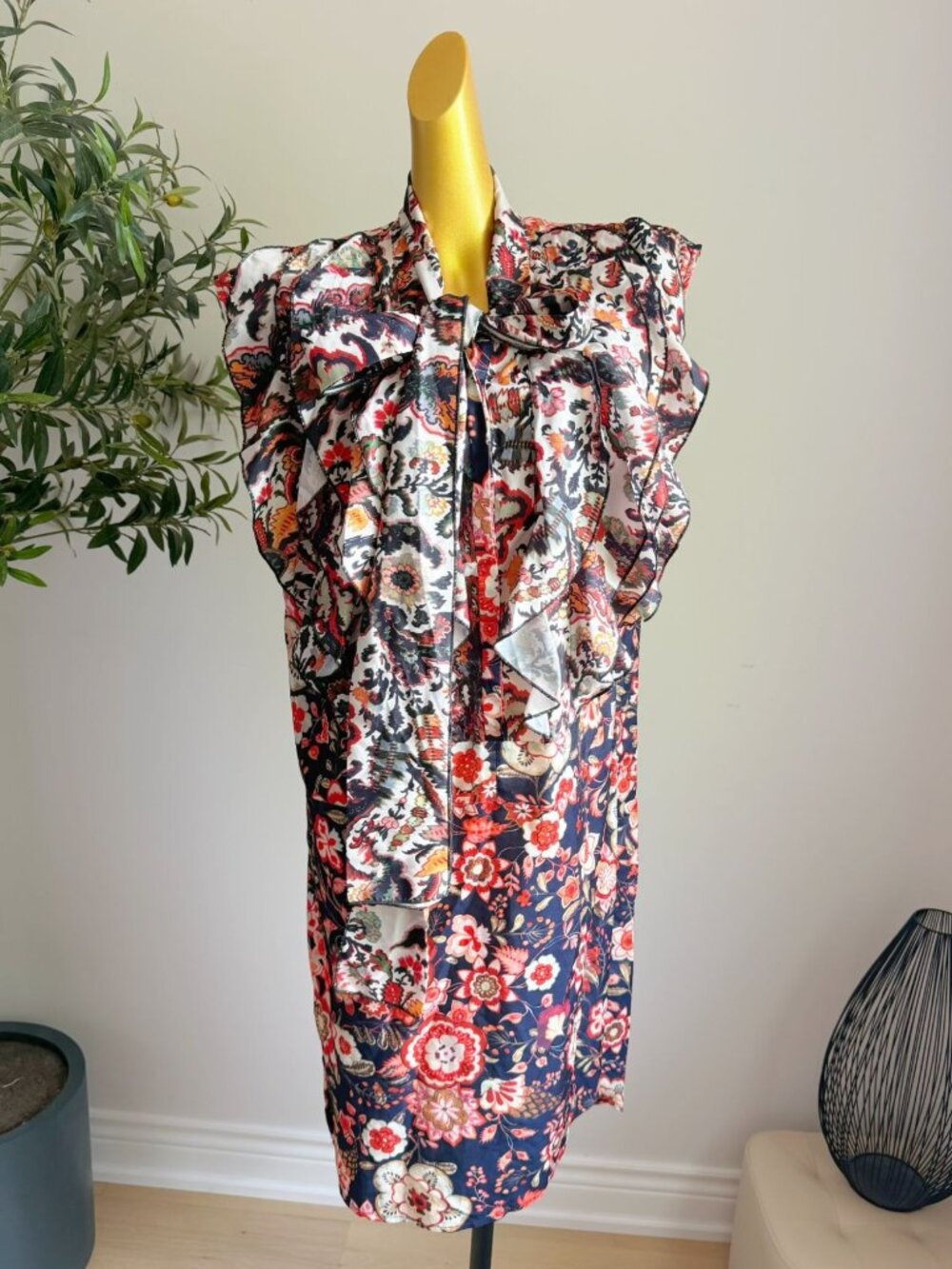 Floral Ruffle Bow Tie High Low Midi Dress Size M